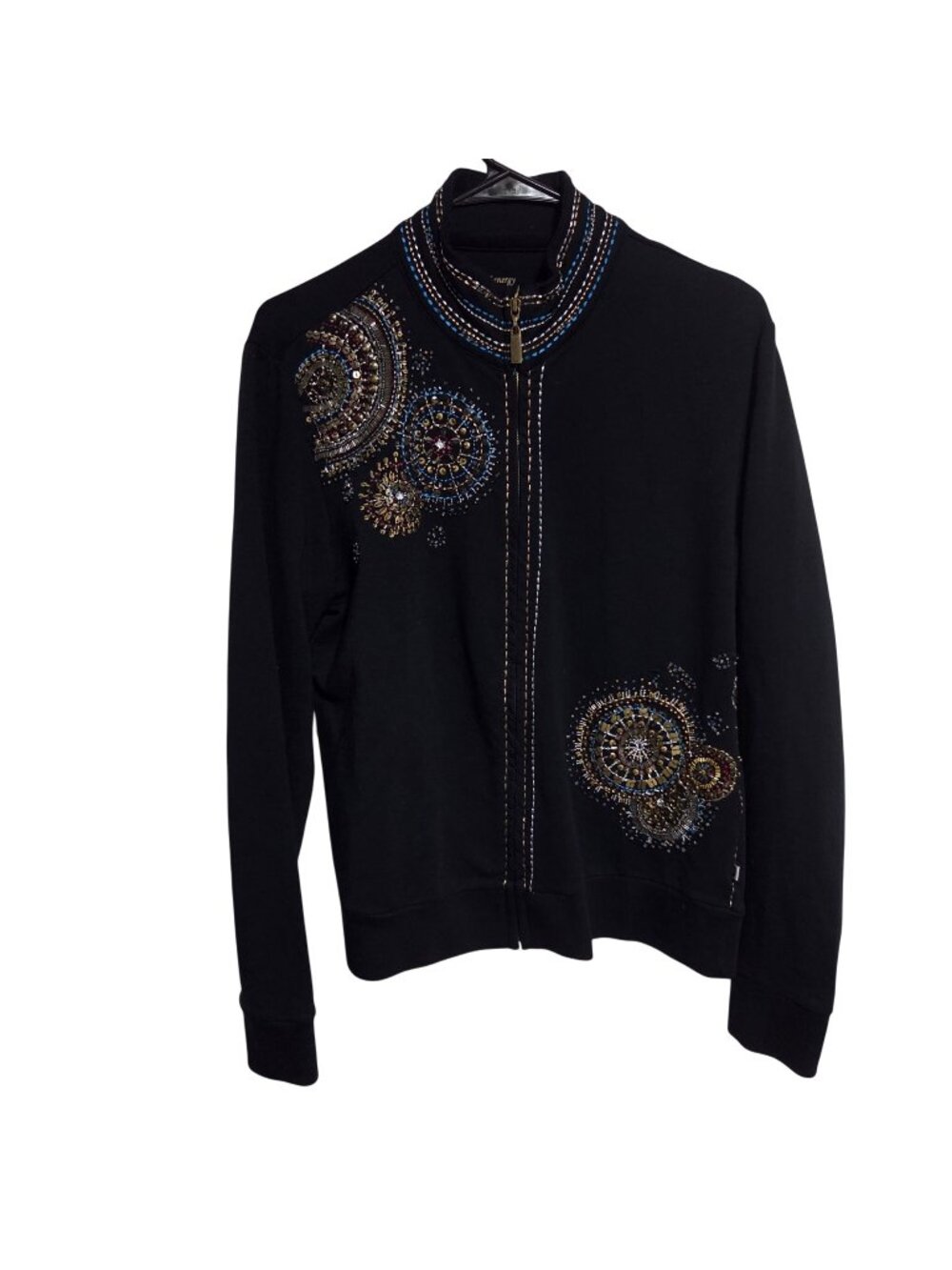 Chicos Zenergy Track Jacket Size 8 Beaded Medallions Embellished Black Zip Up